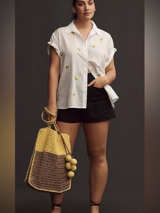 Maeve Tops - Anthropologie Maeve White Lemon Embroidered Short Sleeve Button Up Shirt Size M